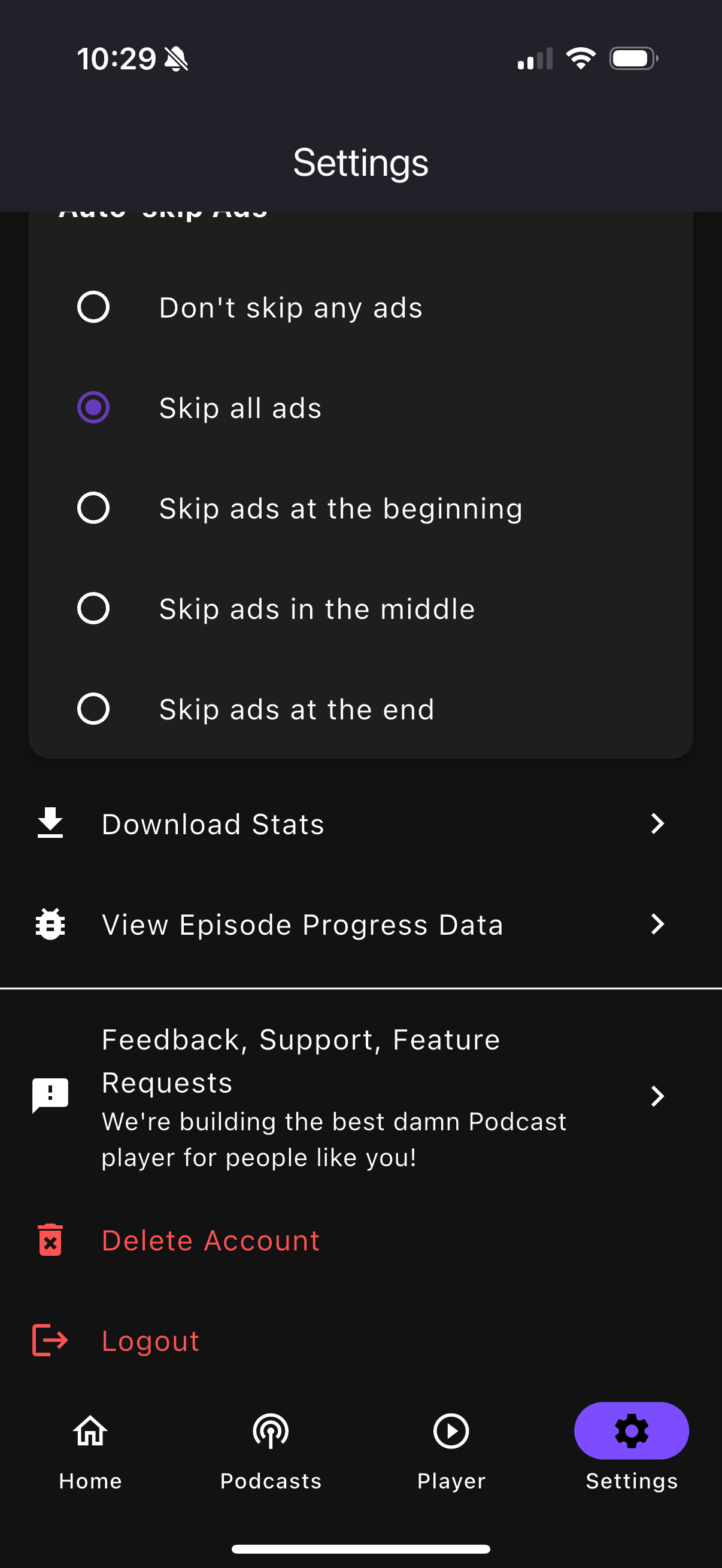 Hypercast Settings Screen showing Delete Account option
